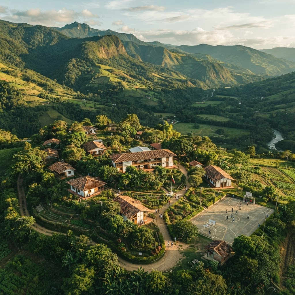 Aerial view of a rural educational campus in the Colombian countryside